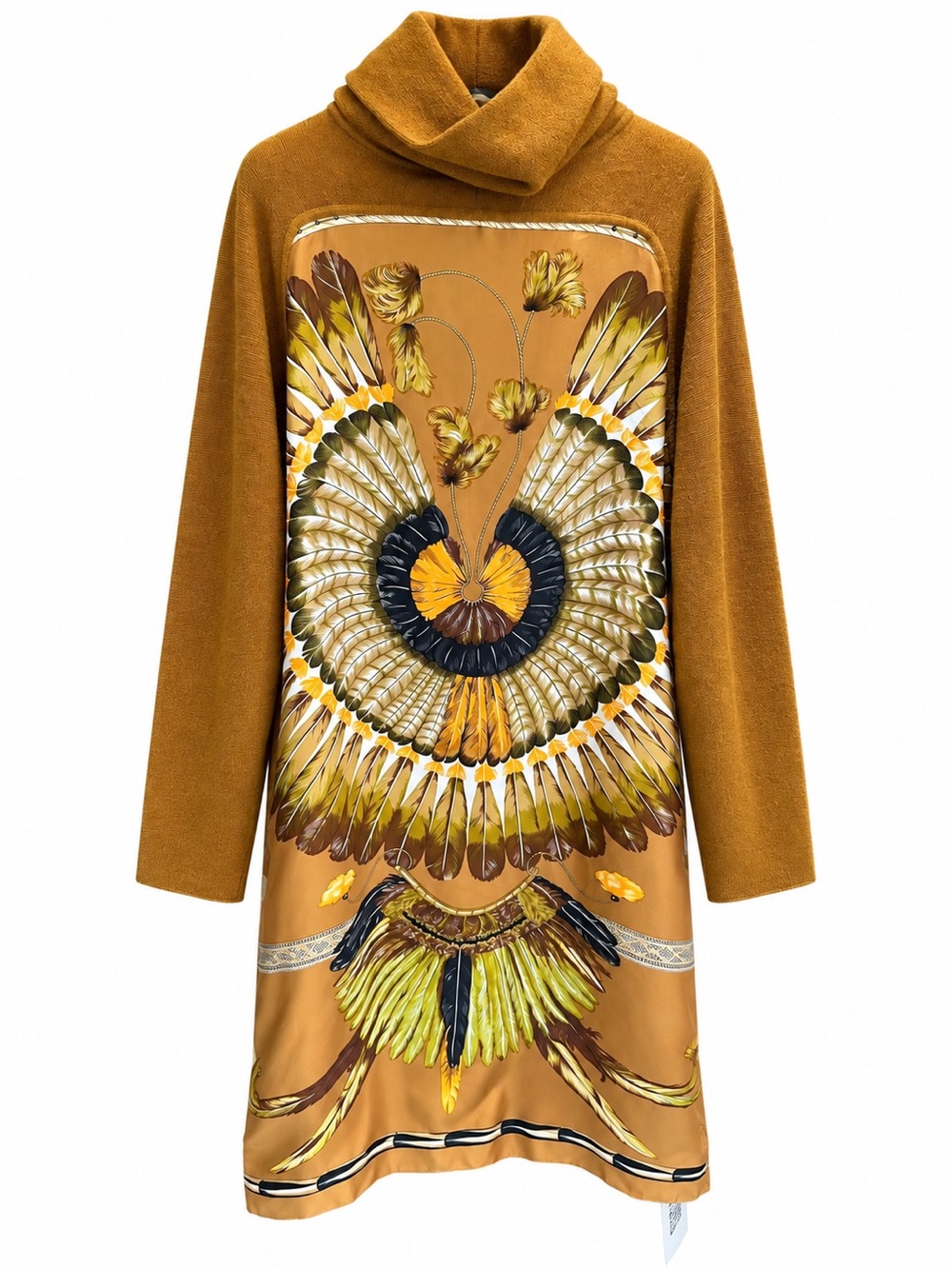 Hermes Mustard Feather-Print Cowl Neck Dress